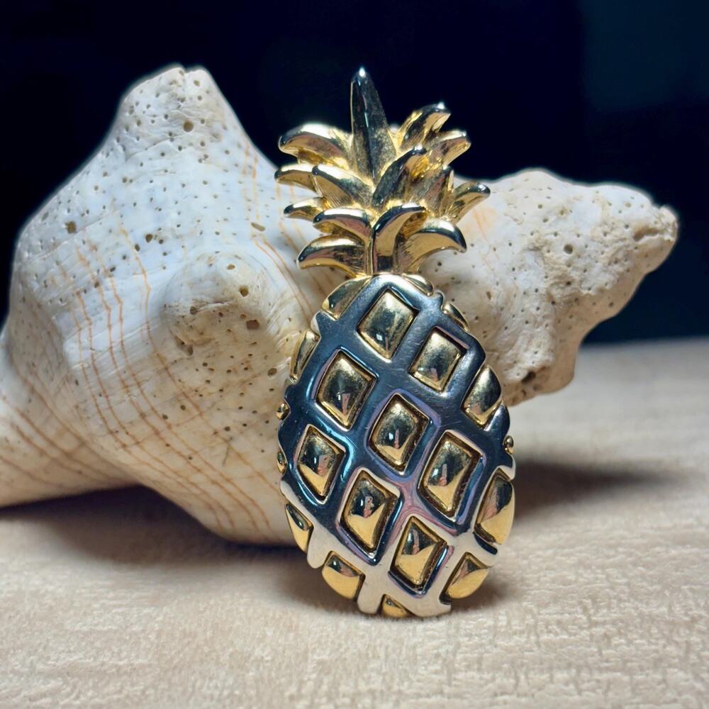 Vintage Style Pineapple Brooch Gold and Silver Tone Fruit Pin Mid Century